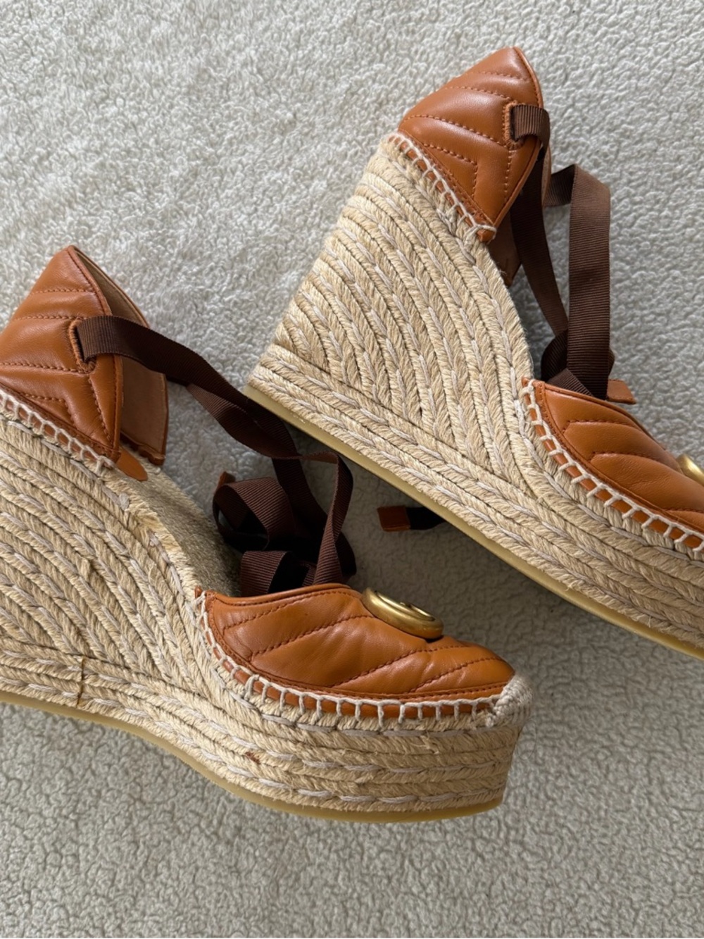Gucci Cognac Leather GG Espadrille Wedge Sandals - Picture 7 of 7